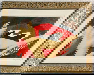 Alain Bonnefoit Signed Limited Edition Lithograph (132/150): Limited edition lithograph by French artist Alain Bonnefoit. The print features a reclining nude female figure rendered in tones of cream, red, black and brown, set against abstracted textiles and a d