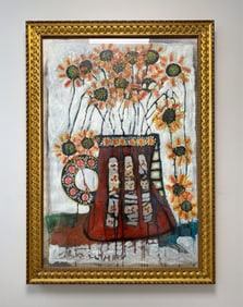 Signed Acrylic Painting of a Vase with Flowers and Gold Ornate Frame