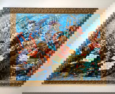 Huge Framed Oil on Canvas Painting Signed by Alexander Kanchik: Huge framed oil on canvas painting signed by the artist, Alexander Kanchik, depicting musicians with vibrant colors and fantastical elements such as a winged horse and candlelit settings. The painting