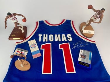 Isiah Thomas Signed Jersey and Figurine Set