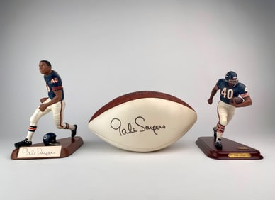 Gale Sayers Signed Football and Two Figurines