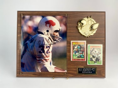 O.J. Simpson Buffalo Bills Signed Plaque with Trading Cards and Photograph