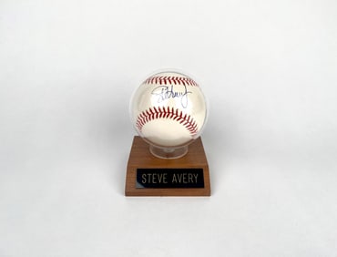 Signed Steve Avery Baseball in Display Case with Wooden Base