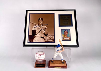 Mickey Mantle Signed Photograph, Baseball, and Statue Collection