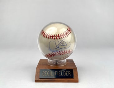 Autographed Cecil Fielder Rawlings Baseball with Display Case