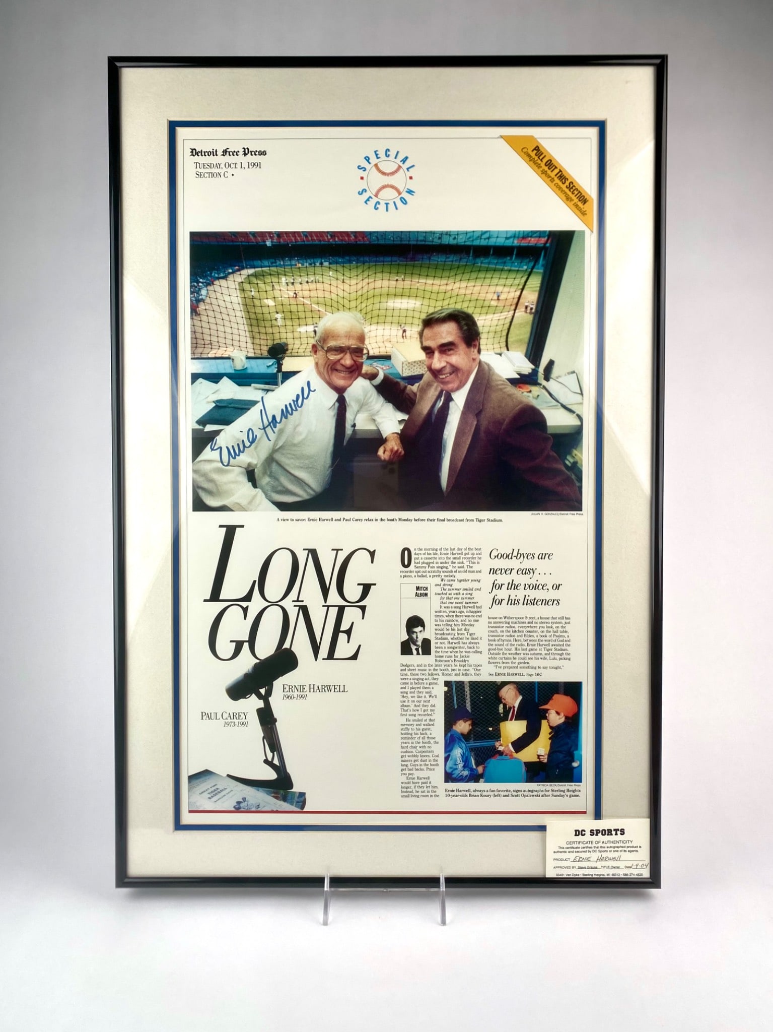 Framed Ernie Harwell Signed 1991 Detroit Free Press Long Gone Tribute (COA) (1 of 7)