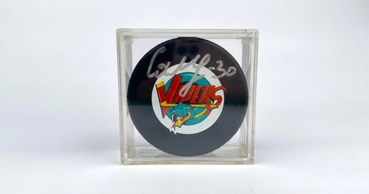 Signed Maxim Mikhailovsky Vipers Hockey Puck in Display Case