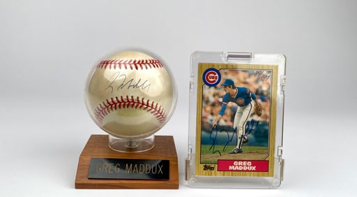 Signed Greg Maddux Baseball and 1987 Topps Rookie Card