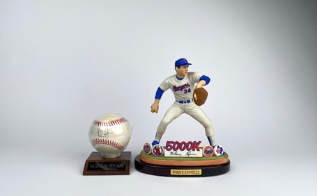 Nolan Ryan 5000K Figurine and Signed Baseball on Display Stand