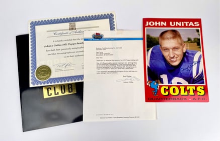 Johnny Unitas Topps 1971 Autographed Jumbo Card, COA, and Related Documents