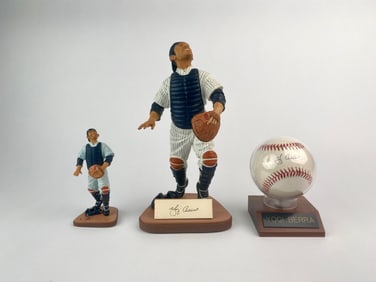 Yogi Berra Signed Baseball and Gartlan Figurines Set