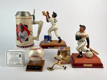 Willie Mays Memorabilia Lot Including Signed Baseball, Figurines, and Tankard