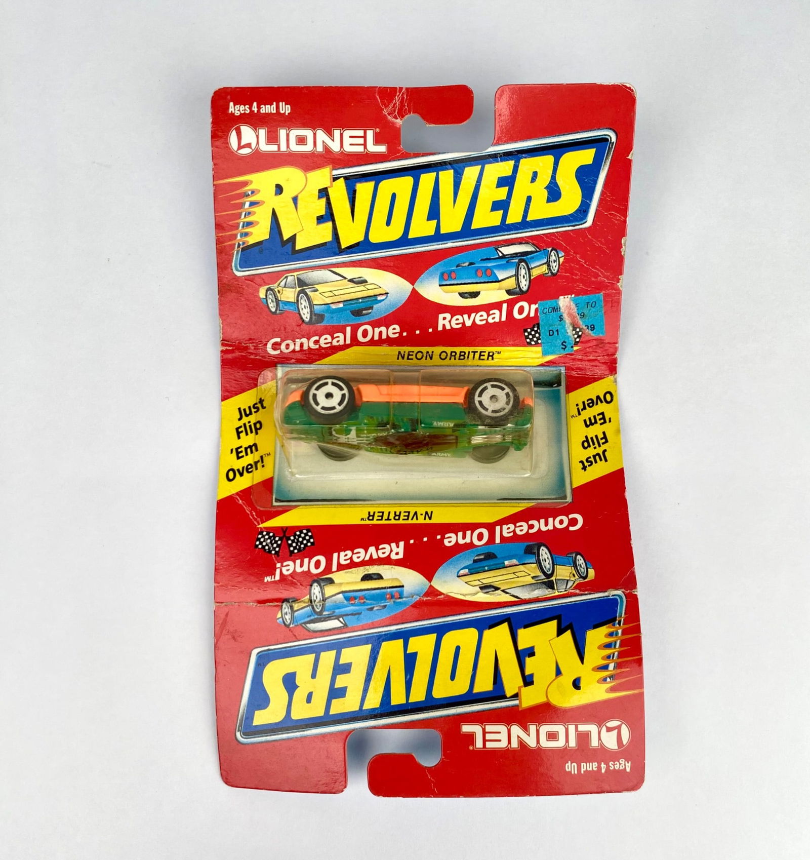 Lionel Revolvers Neon Orbiter N-Vertem 1989 Die-Cast Car in Original Packaging: Lionel Revolvers Neon Orbiter N-Vertem die-cast toy car, circa 1989. Featuring dual functionalities: "Conceal One...Reveal One." Comes sealed in its original packaging with vibrant graphics and produc