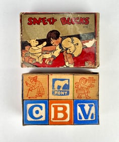 Vintage Wooden Safety Blocks with Original Box, 6 Pieces