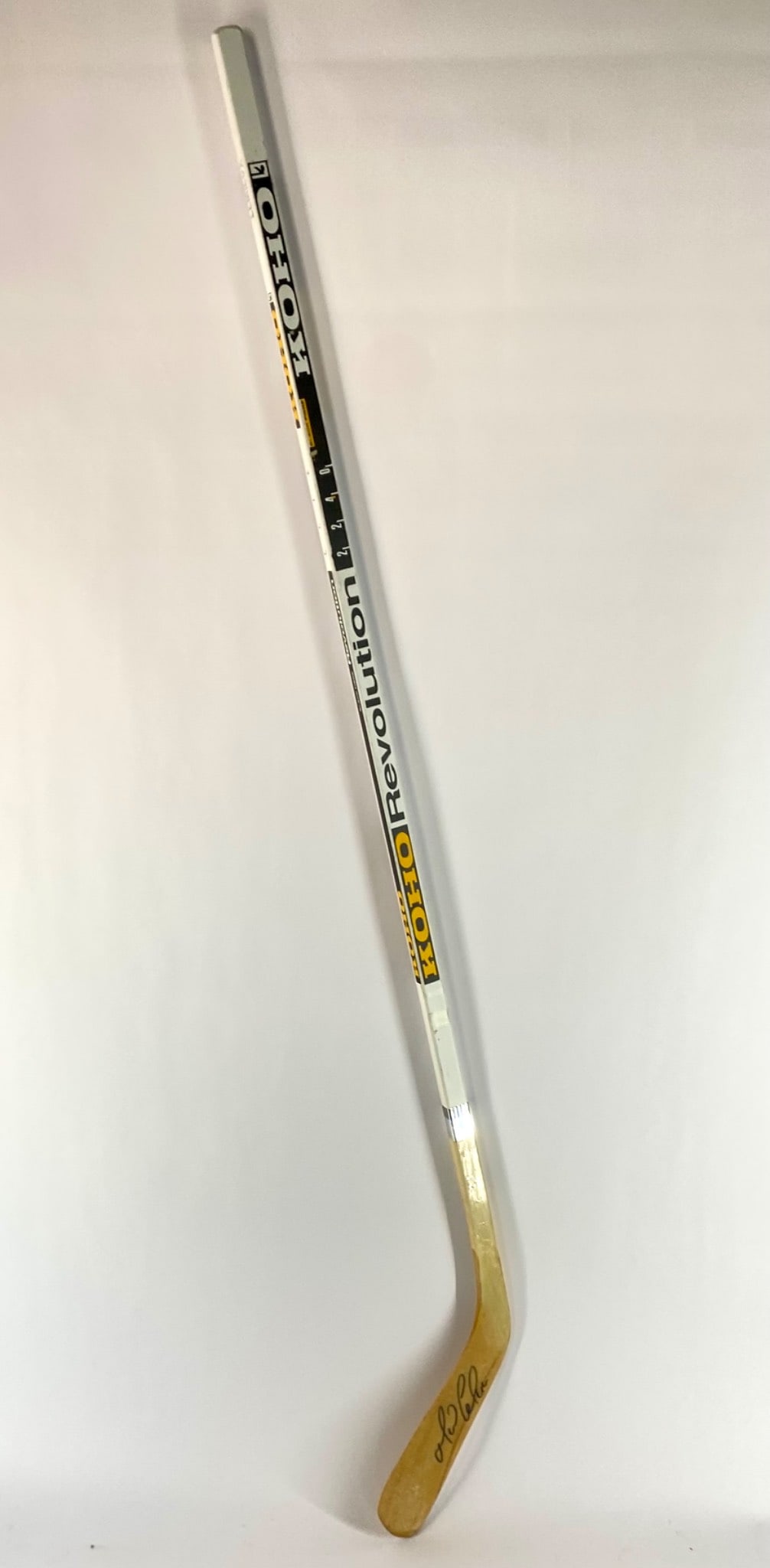 Mario Lemieux Signed KOHO Revolution Hockey Stick: KOHO Revolution Black Fibre hockey stick signed by Pittsburgh Penguins legend Mario Lemieux. The stick displays the "Lemieux" stamp on the shaft, identifying it as the model issue for his professional