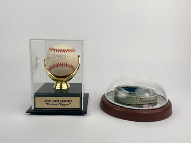 Joe DiMaggio Signed Baseball & Yankee Stadium Sculpture Set (COA)