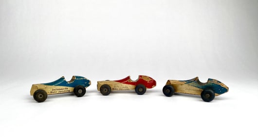 Three Vintage Wooden Indianapolis Motor Speedway Toy Car Souvenirs
