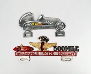 Two Indianapolis Motor Speedway Themed Metal License Plate Toppers