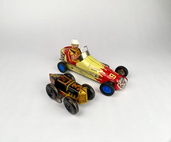Pair of Vintage Tin Wind-Up Race Cars, Champion Racer #98