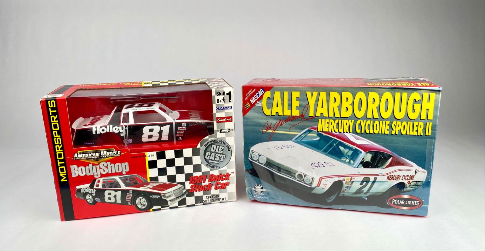 Cale Yarborough Mercury Cyclone and 1981 Buick Stock Car Model Kits: Two items: a Polar Lights Cale Yarborough Mercury Cyclone Spoiler II 1:25 scale model assembly kit (Skill Level 3, recommended for ages 12+), complete in original packaging with racing graphics, and a