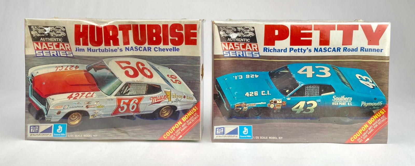 MPC Authentic NASCAR Series Model Kits: Richard Petty and Jim Hurtubise: Two MPC Authentic NASCAR Series 1/25 scale model kits: Richard Petty's NASCAR Road Runner and Jim Hurtubise's NASCAR Chevelle. Both boxes feature detailed illustrations and specifications for their re