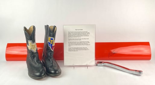 A.J. Foyt Last Coyote Racing Memorabilia Set with Signed Wing, Custom Boots, and