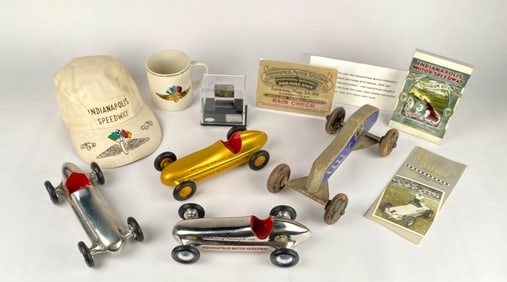 Indianapolis Motor Speedway Memorabilia Lot Featuring Cars, Cap, Mug, and Collectibles