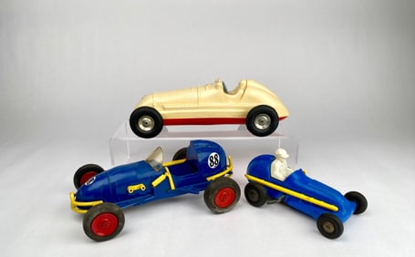 Three Vintage Plastic Racing Cars, Marx and Victory Industries