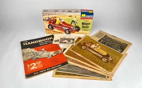 Vintage Midget Racer Memorabilia, Including Model Kit, Photographs, and Racing Handbook