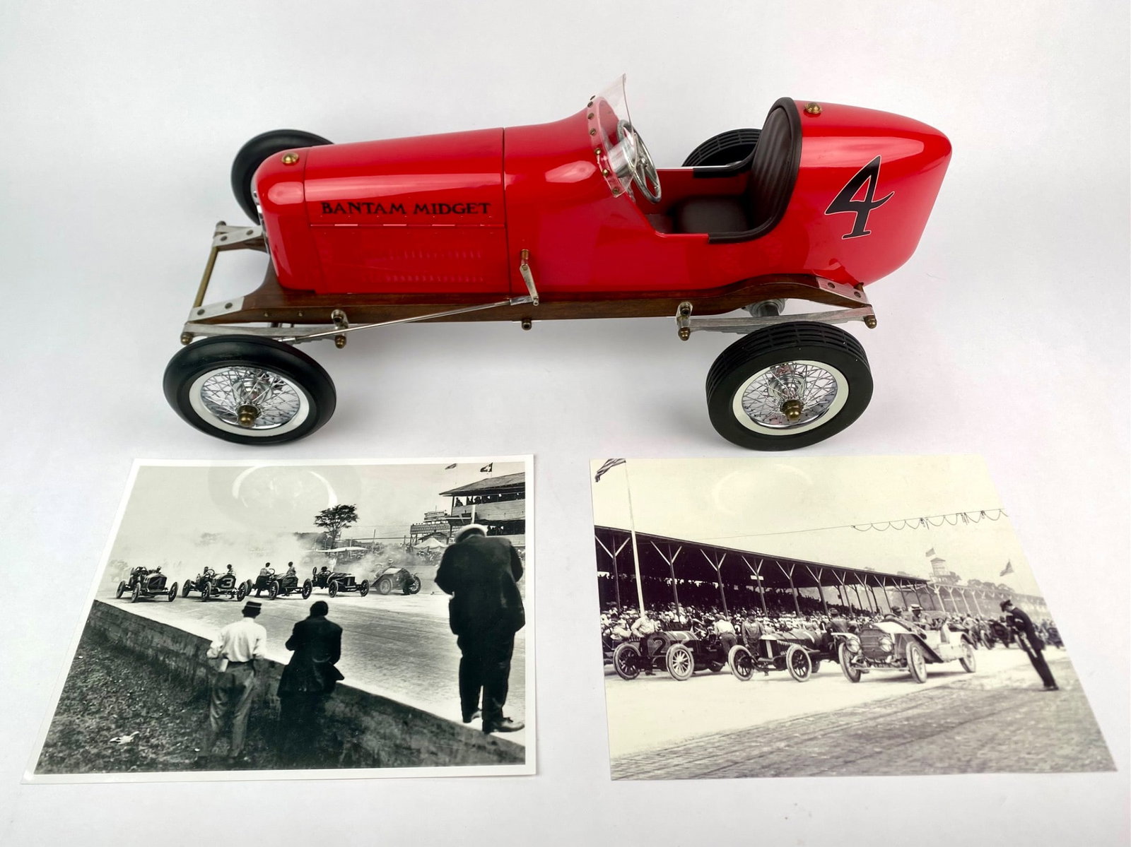 Vintage Bantam Midget Tether Car with Engine and Racing Photos: Vintage Bantam Midget tether car, finished in red with number 4 decals. The car features spoked wheels, a wood chassis with metal framing, and a visible mounted engine beneath the opening hood. Includ