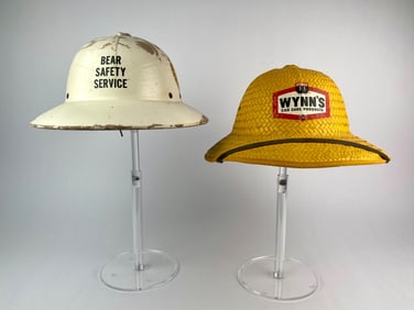 Set of Two Vintage Advertising Pith Helmets Bear Safety Service & Wynns Car Care