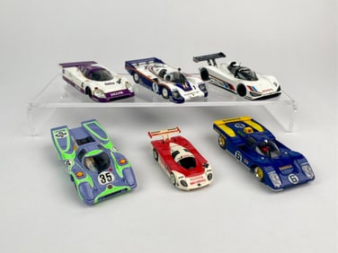 Set of Six 1:43 Scale Racing Die-Cast Car Models Porsche, Ferrari, Toyota, Peugeot, and