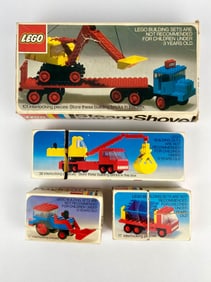 Vintage 1970s LEGO sets Steam Shovel with Carrier, Mobile Crane, Payloader, Tipper Truck