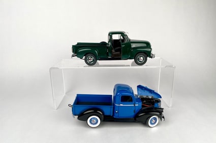 Two Chevy Die-Cast Model Pickup Trucks, 1941 and 1953, in Green and Blue