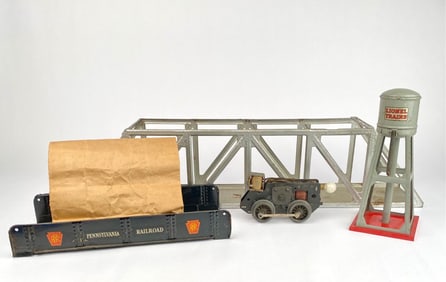 Lionel Vintage Train Accessories Including Bridge, Motor, Water Tower, and Railroad Car