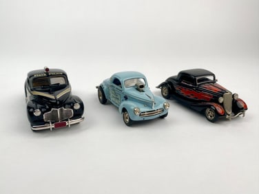 Three Die-Cast Model Cars1941 Chevrolet, 1941 Willys, and 1934 Ford Coupe