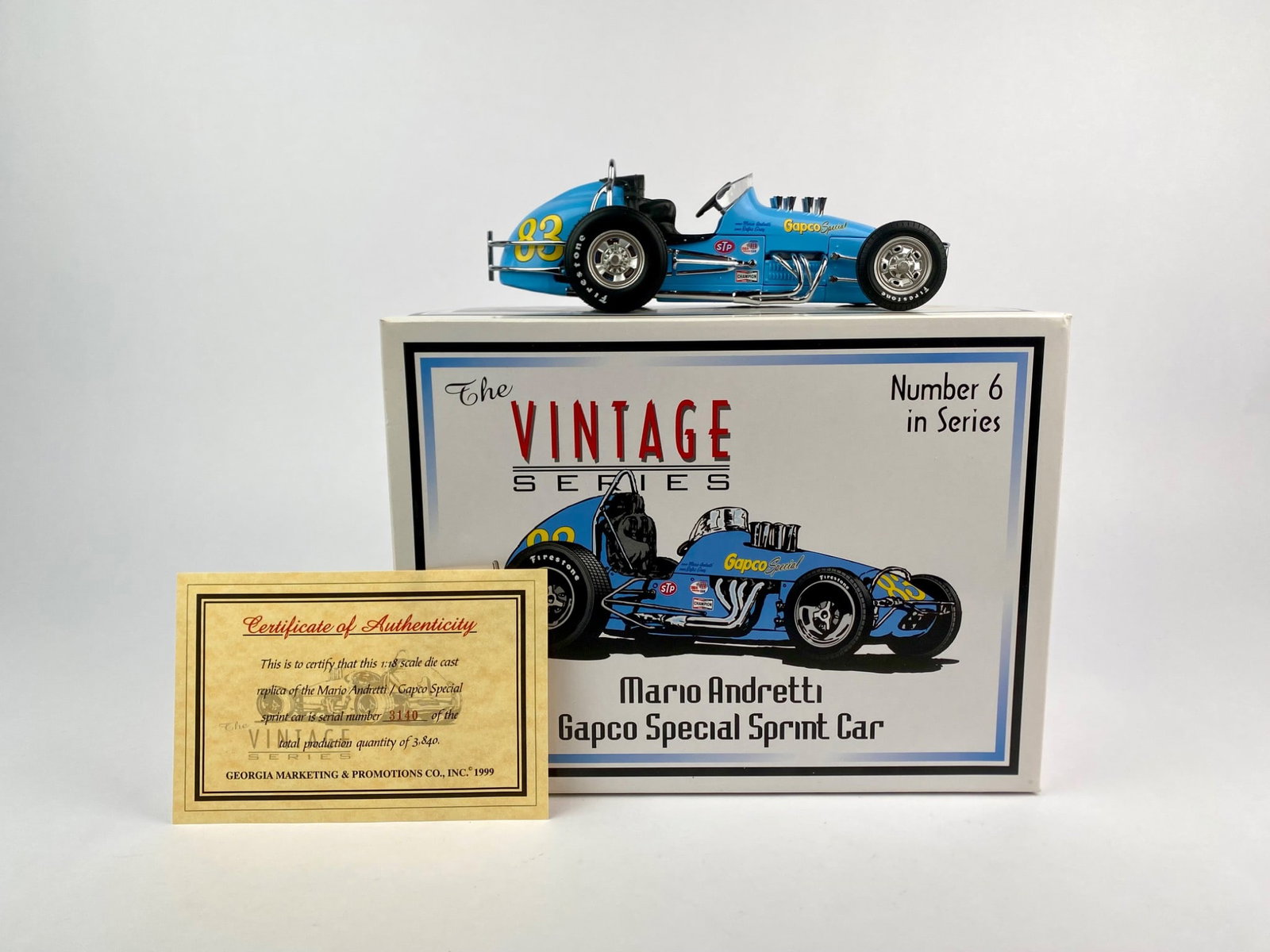 Mario Andretti / Gapco Special 1:18 Scale Die-Cast Model (COA): 1:18 scale die-cast replica of the Mario Andretti "Gapco Special" Sprint Car, released in 1999 by Georgia Marketing & Promotions as part of the "The Vintage Series", number 6 in the series. Model is a