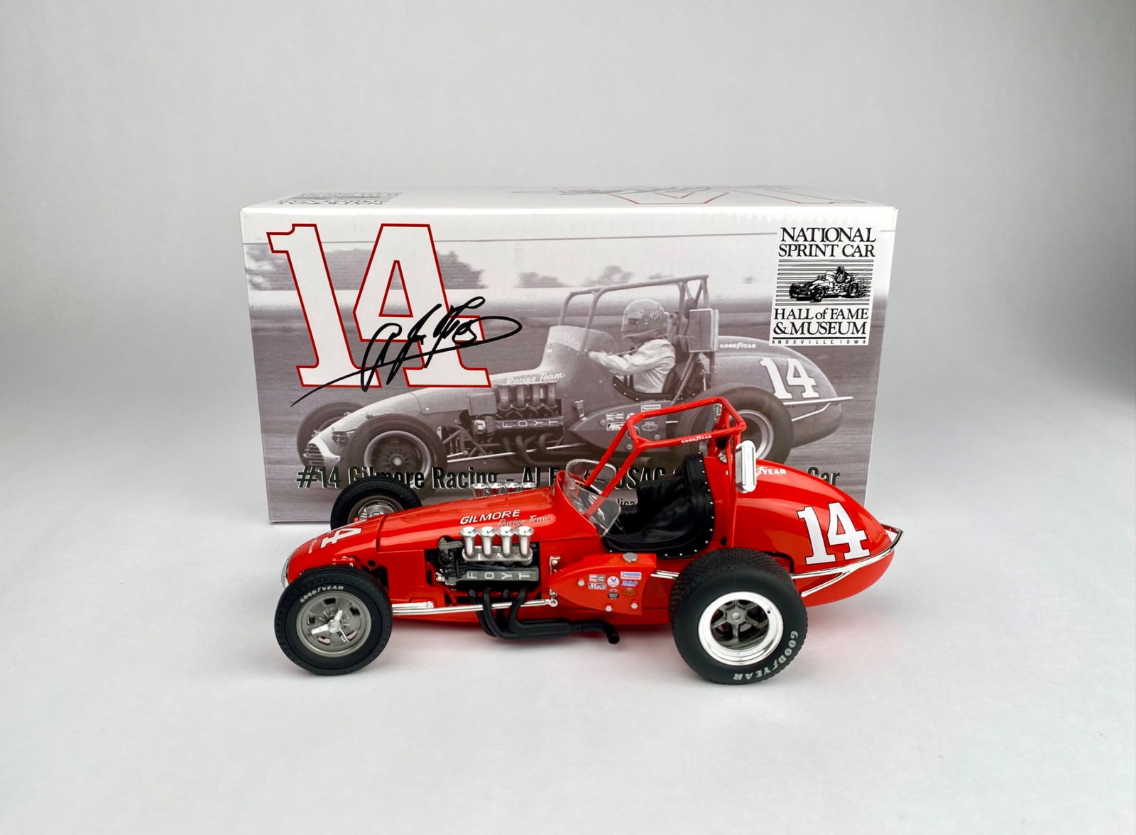 #14 Gilmore Racing AJ Foyt USAC Silver Crown Car 1:18 Scale Model: #14 Gilmore Racing AJ Foyt USAC Silver Crown Car 1:18 scale model replica by ACME Trading Co. Limited edition with production number 1 of 402. Highly detailed diecast model in red with white and black
