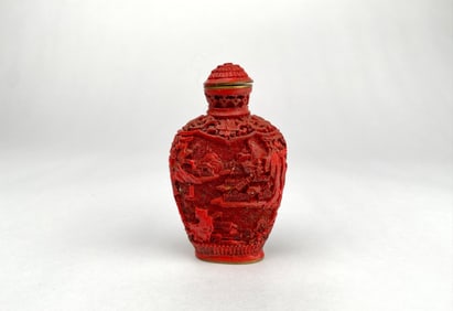 Cinnabar Carved Snuff Bottle with Brass Details and Scenic Relief