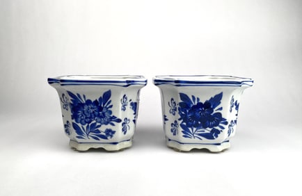 Blue and White Chinese Porcelain Planters with Floral Motif