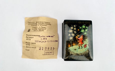 Russian Lacquered Box Depicting Ice Fisherman, Hand-Painted
