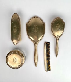 Sterling Silver Vanity Set Including Mirror, Brushes, Comb, and Powder Jar