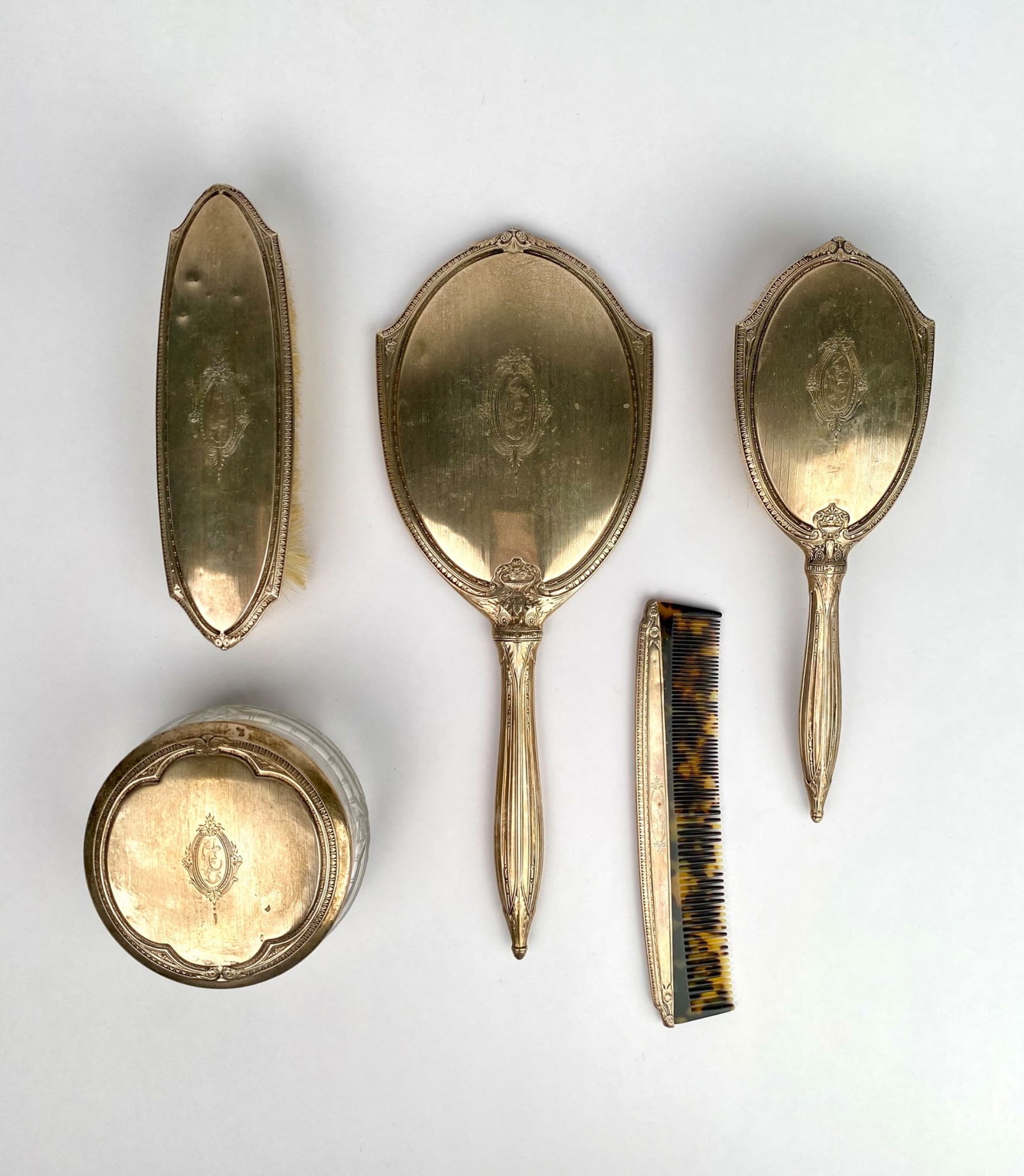 Sterling Silver Vanity Set Including Mirror, Brushes, Comb, and Powder Jar (1 of 12)