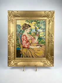 Framed Mid-20th Century Needlepoint of Seated Woman with Bird