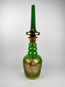 Bohemian Green and Gold Enamel Overlay Glass Decanter with Stopper