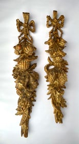 Pair of Italian Gilded Wood Wall Decorations with Bow and Floral Design