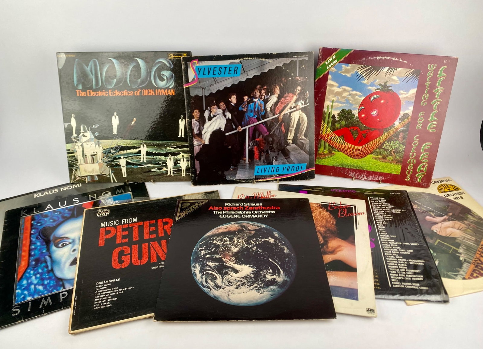 Set of Ten Vintage Vinyl Records including Dick Hyman, Little Feat, Klaus Nomi & Others: Set of ten vintage vinyl LPs spanning experimental electronic, rock, disco, and classical genres. This set includes Dick Hyman “The Electric Eclectics of Moog,” Sylvester “Living Proof,&rdqu