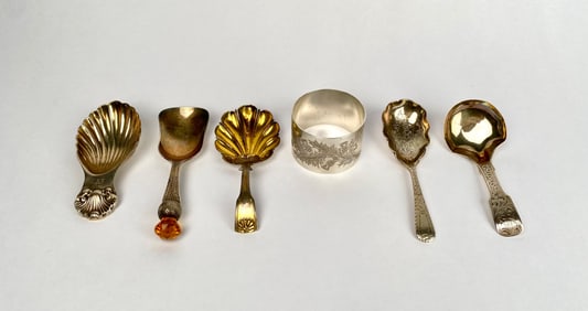 Lot of Six Antique Sterling Silver Spoons and Napkin Ring