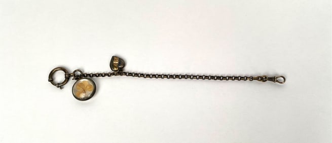 800 Silver Watch Chai with Four Leaf Clover Fob and Heart Charm