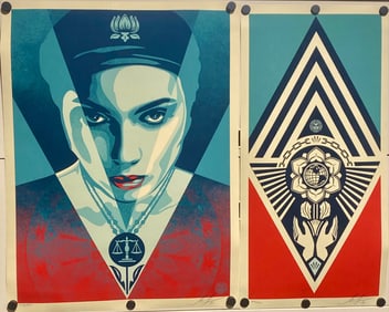 Shepard Fairey Signed Screenprint Pair: “Justice Woman" & “Lotus/Globe Emblem"